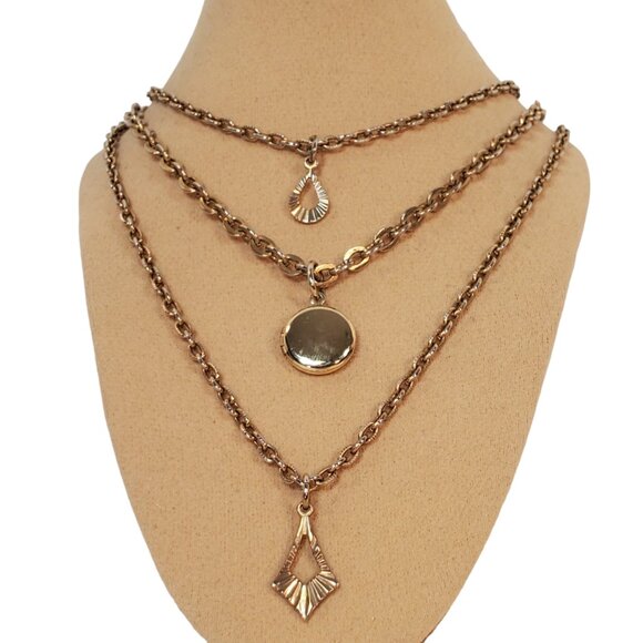 Three Strand Gold Tone Pendant Necklace 13" Locket, Open Tear Drop, Tetrahedron - Picture 1 of 9